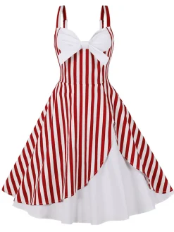 Outlet Retro Stage 1950s Stripes Contrast Patchwork Strap Dress