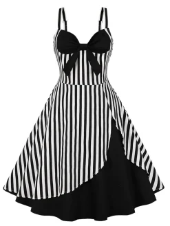 Outlet Retro Stage 1950s Stripes Contrast Patchwork Strap Dress