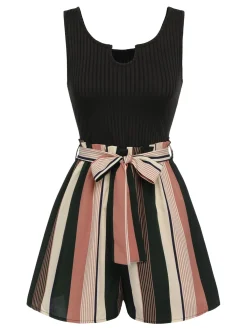 New Retro Stage 1950s Stripes Knitted Belted Romper Black