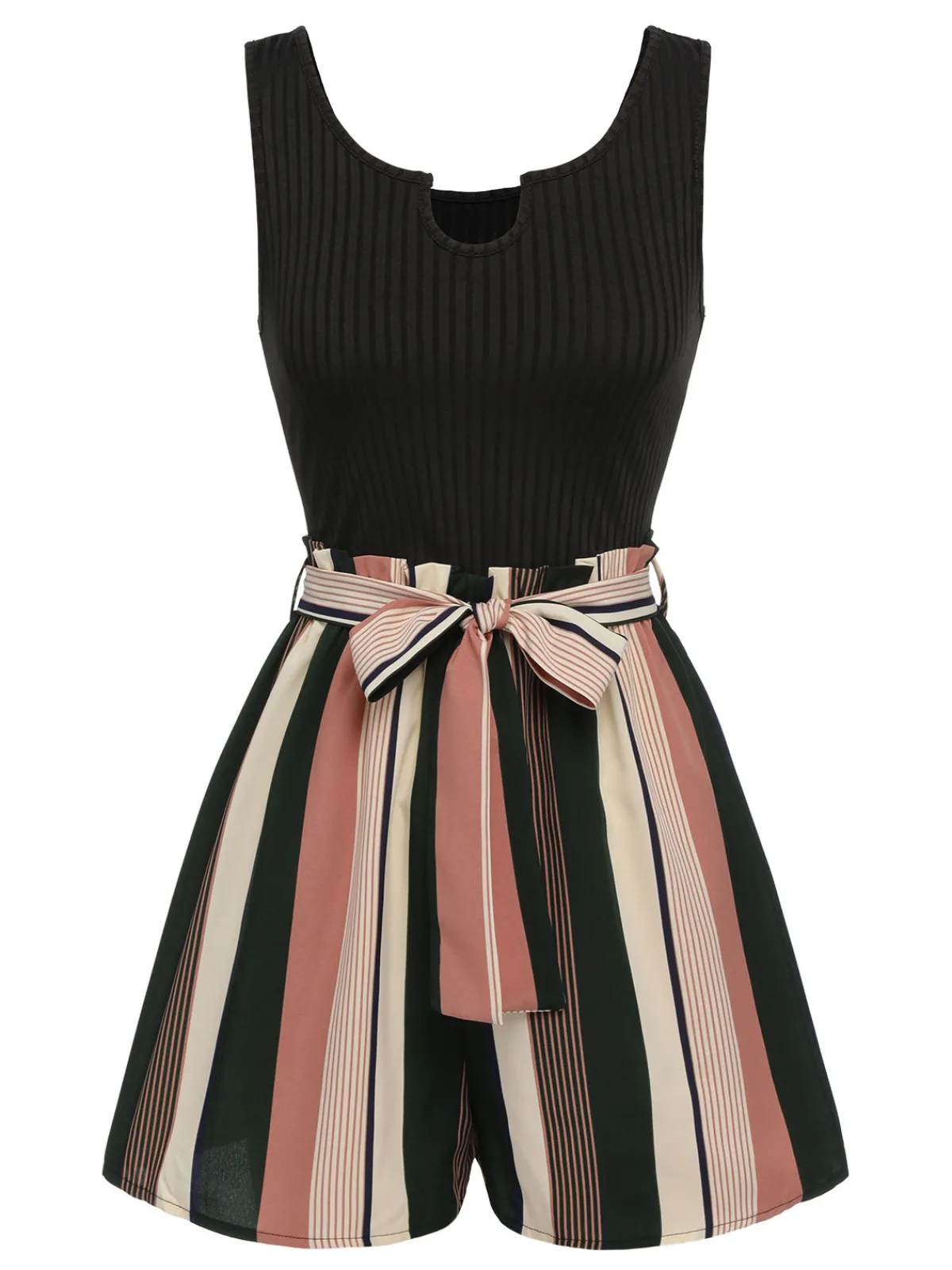 New Retro Stage 1950s Stripes Knitted Belted Romper Black