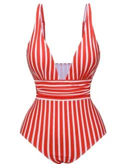 Sale Retro Stage 1950s Stripes Spaghetti Strap One-Piece Swimsuit