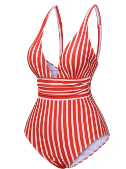 Sale Retro Stage 1950s Stripes Spaghetti Strap One-Piece Swimsuit
