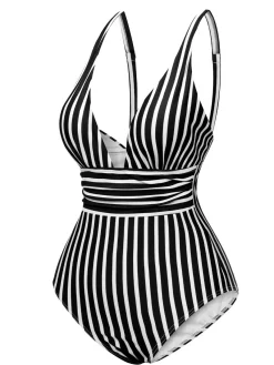 Sale Retro Stage 1950s Stripes Spaghetti Strap One-Piece Swimsuit
