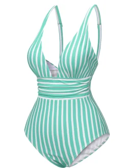 Outlet Retro Stage 1950s Stripes Spaghetti Strap One-Piece Swimsuit