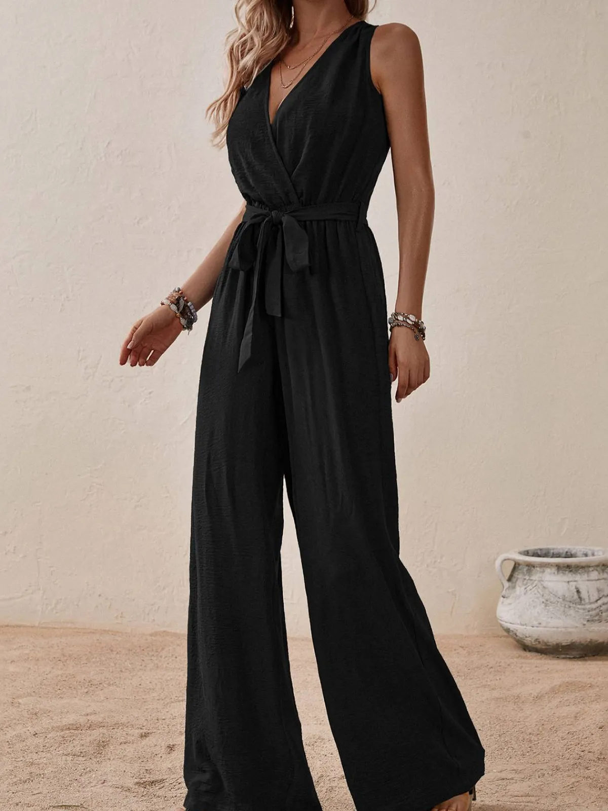 Fashion Retro Stage 1950s Surplice V-Neck Solid Belted Jumpsuit