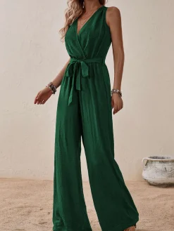 Fashion Retro Stage 1950s Surplice V-Neck Solid Belted Jumpsuit