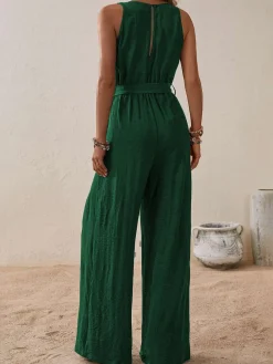 Fashion Retro Stage 1950s Surplice V-Neck Solid Belted Jumpsuit
