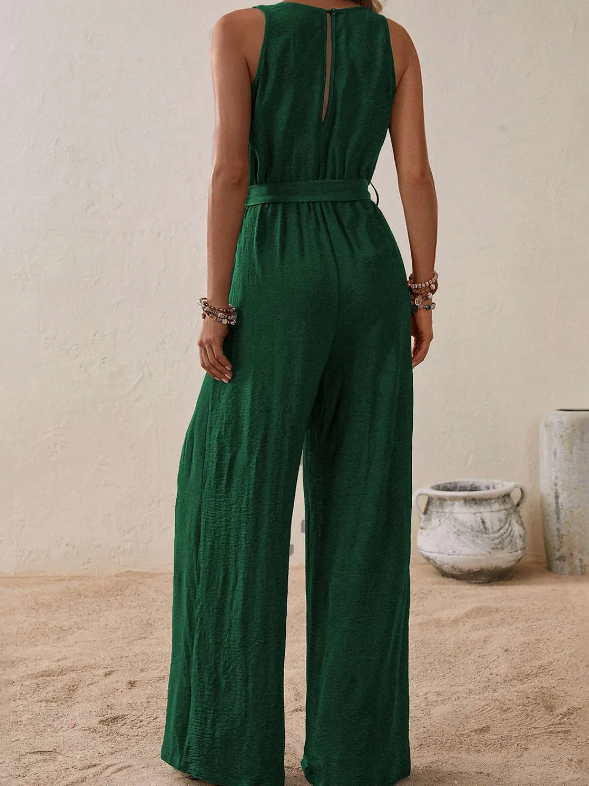 Fashion Retro Stage 1950s Surplice V-Neck Solid Belted Jumpsuit