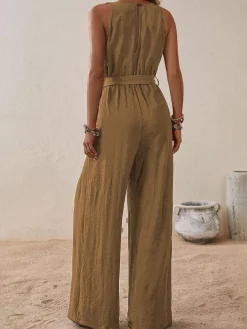 Fashion Retro Stage 1950s Surplice V-Neck Solid Belted Jumpsuit