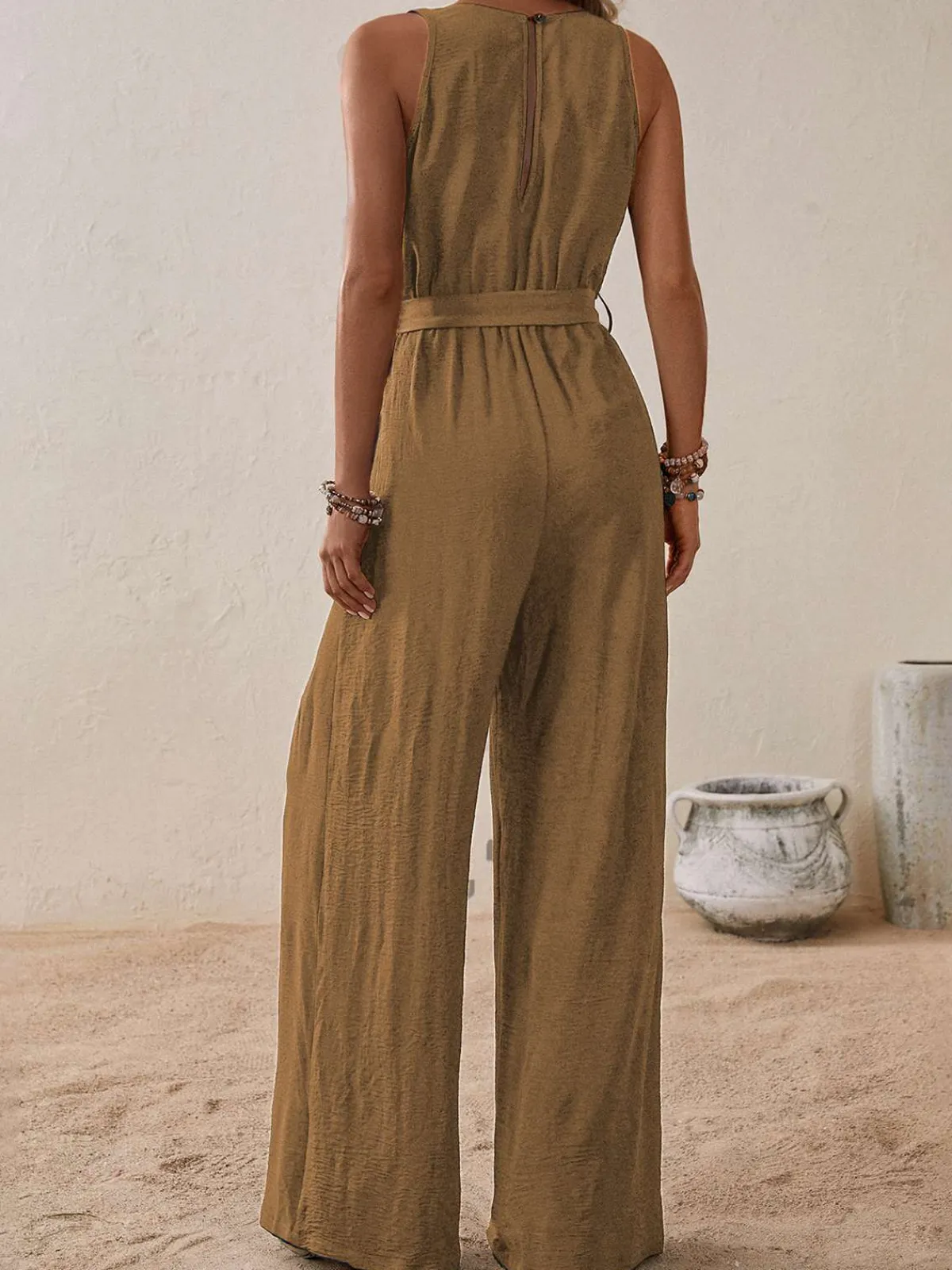 Fashion Retro Stage 1950s Surplice V-Neck Solid Belted Jumpsuit