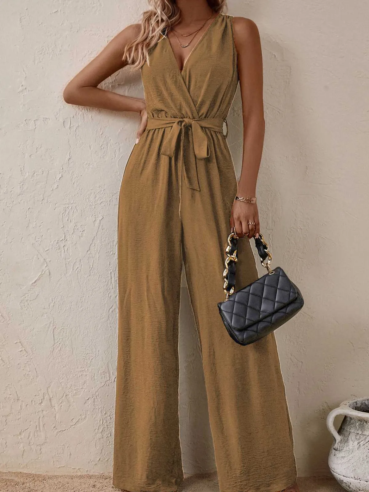 Fashion Retro Stage 1950s Surplice V-Neck Solid Belted Jumpsuit