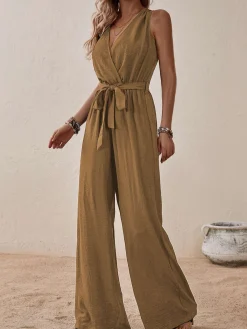 Fashion Retro Stage 1950s Surplice V-Neck Solid Belted Jumpsuit