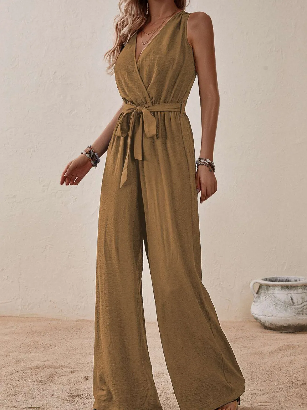 Fashion Retro Stage 1950s Surplice V-Neck Solid Belted Jumpsuit