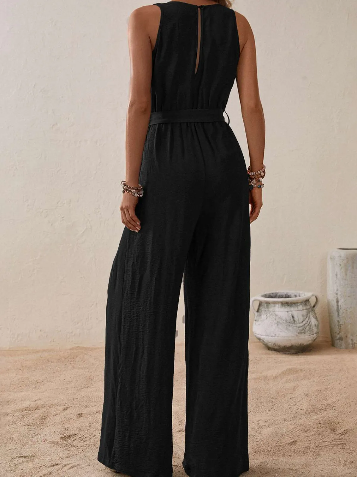 Fashion Retro Stage 1950s Surplice V-Neck Solid Belted Jumpsuit
