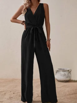 Fashion Retro Stage 1950s Surplice V-Neck Solid Belted Jumpsuit