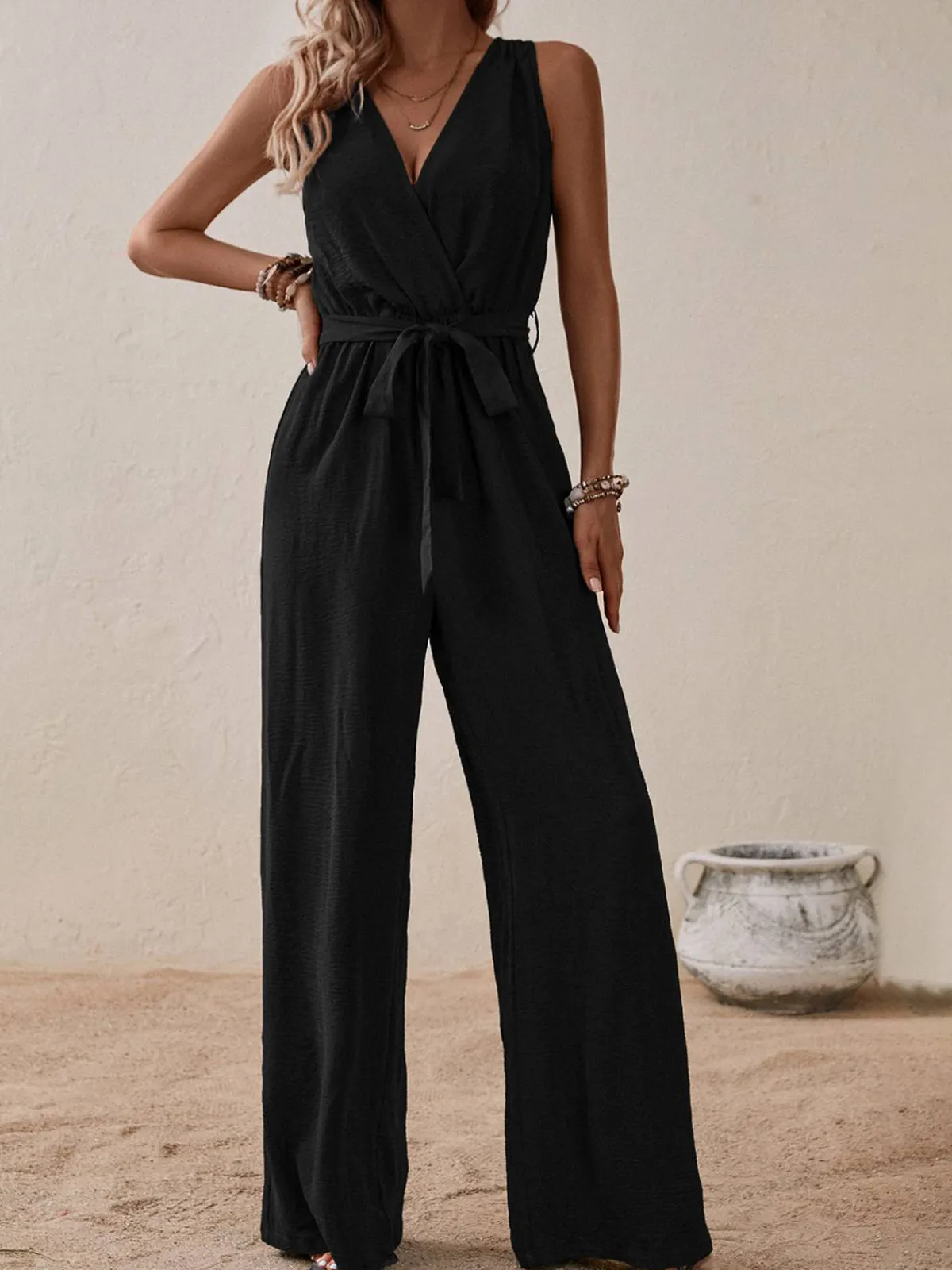 Fashion Retro Stage 1950s Surplice V-Neck Solid Belted Jumpsuit