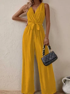 Fashion Retro Stage 1950s Surplice V-Neck Solid Belted Jumpsuit