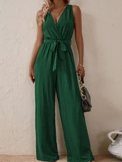 Fashion Retro Stage 1950s Surplice V-Neck Solid Belted Jumpsuit