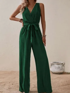 Fashion Retro Stage 1950s Surplice V-Neck Solid Belted Jumpsuit