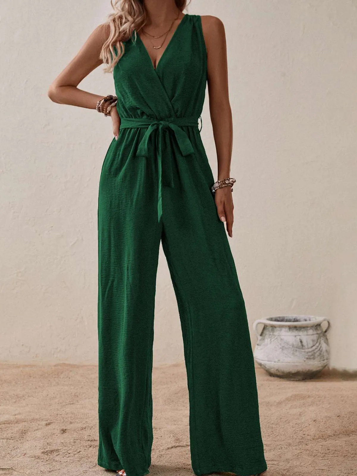 Fashion Retro Stage 1950s Surplice V-Neck Solid Belted Jumpsuit