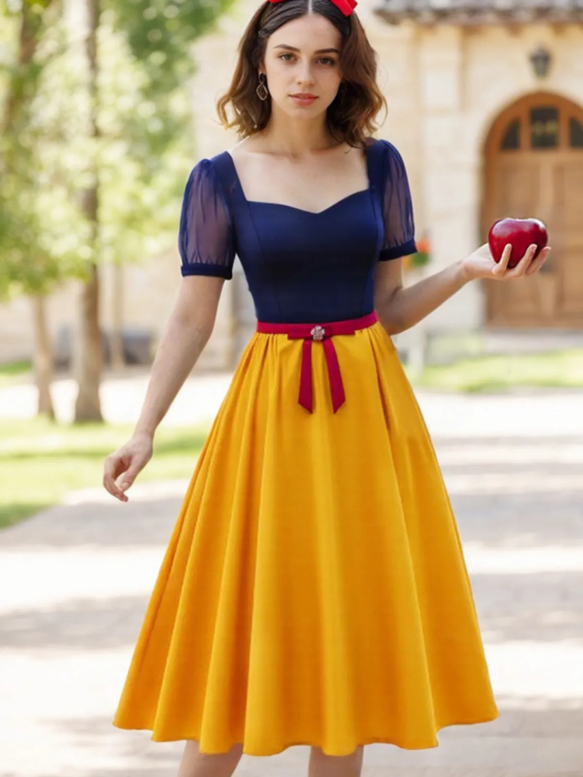 Outlet Retro Stage 1940s Sweetheart Neck Bow Princess Dress Turmeric