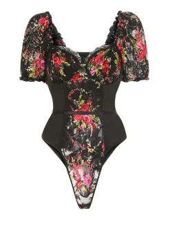 Clearance Retro Stage 1960s Sweetheart Neck Puff Sleeve Lace Ruffles Bodysuit Black