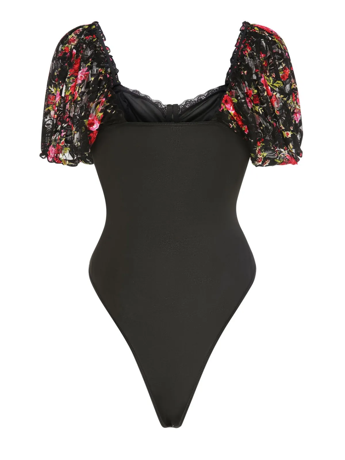 Clearance Retro Stage 1960s Sweetheart Neck Puff Sleeve Lace Ruffles Bodysuit Black