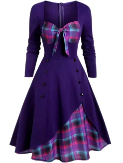 Online Retro Stage 1950s Sweetheart Plaid Patchwork Dress Black