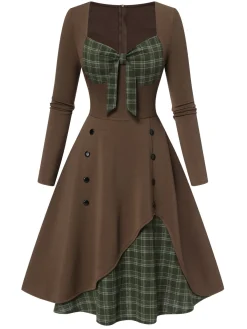 Sale Retro Stage 1950s Sweetheart Plaid Patchwork Dress