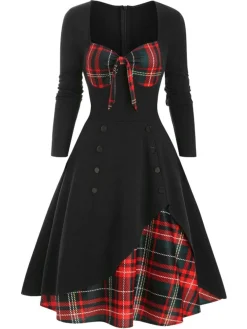 Outlet Retro Stage 1950s Sweetheart Plaid Patchwork Dress