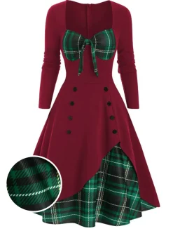 Outlet Retro Stage 1950s Sweetheart Plaid Patchwork Dress