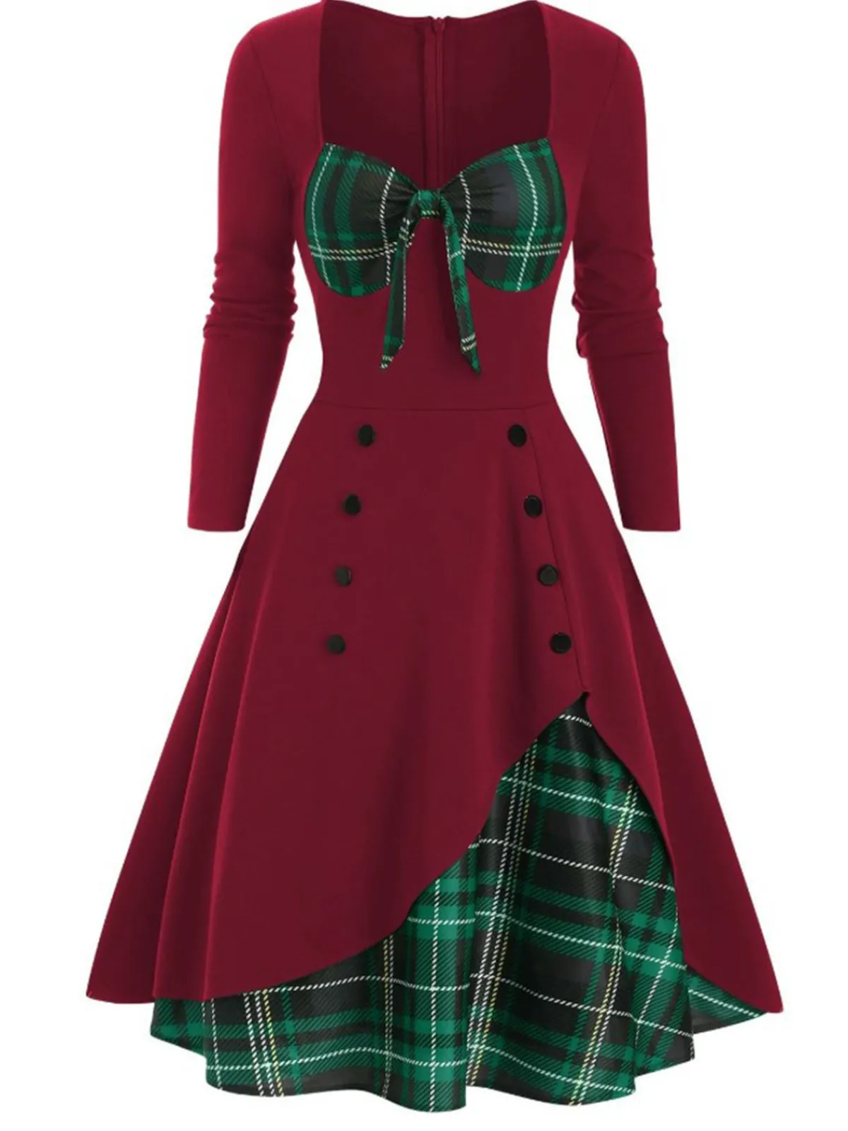Outlet Retro Stage 1950s Sweetheart Plaid Patchwork Dress