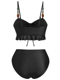 New Retro Stage 1950s Textured Fabric Colored Stones Bikini Set