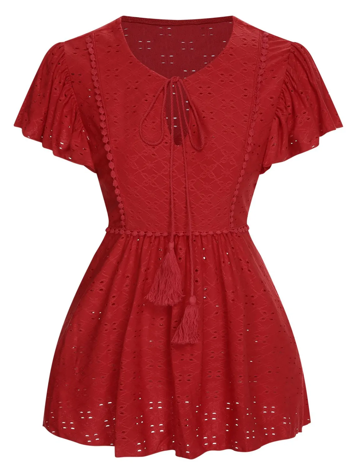 Sale Retro Stage 1940s Tie Front Eyelet Embroidered Blouse