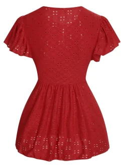 Sale Retro Stage 1940s Tie Front Eyelet Embroidered Blouse