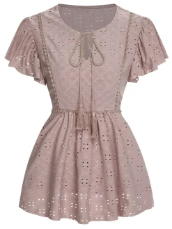 Sale Retro Stage 1940s Tie Front Eyelet Embroidered Blouse