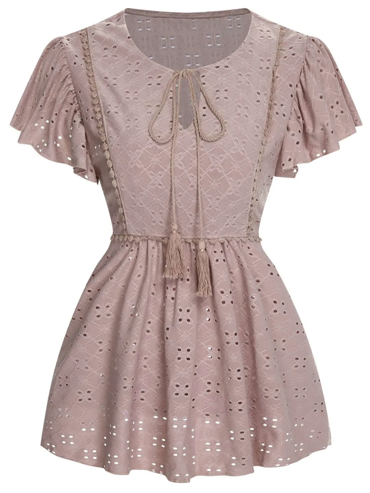 Sale Retro Stage 1940s Tie Front Eyelet Embroidered Blouse