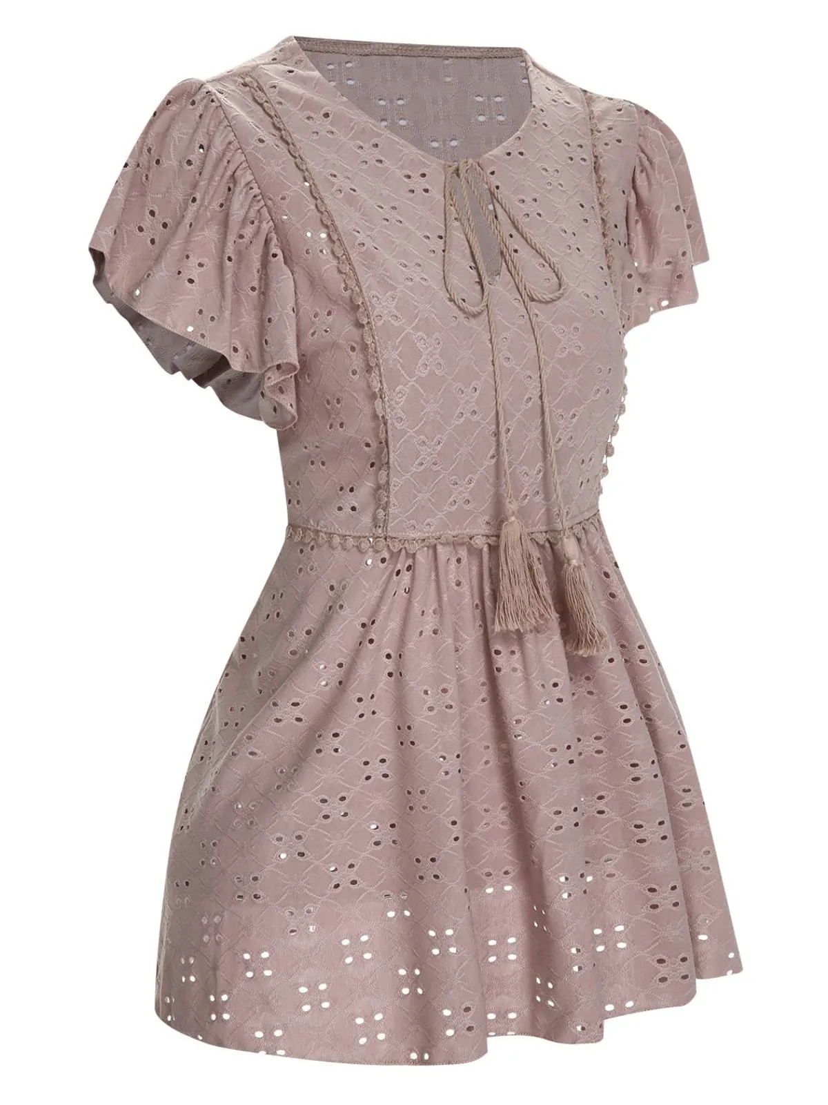 Sale Retro Stage 1940s Tie Front Eyelet Embroidered Blouse