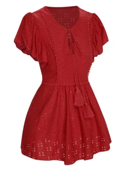 Sale Retro Stage 1940s Tie Front Eyelet Embroidered Blouse