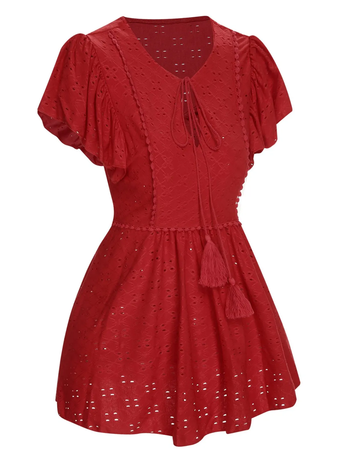 Sale Retro Stage 1940s Tie Front Eyelet Embroidered Blouse
