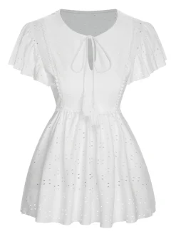 Sale Retro Stage 1940s Tie Front Eyelet Embroidered Blouse