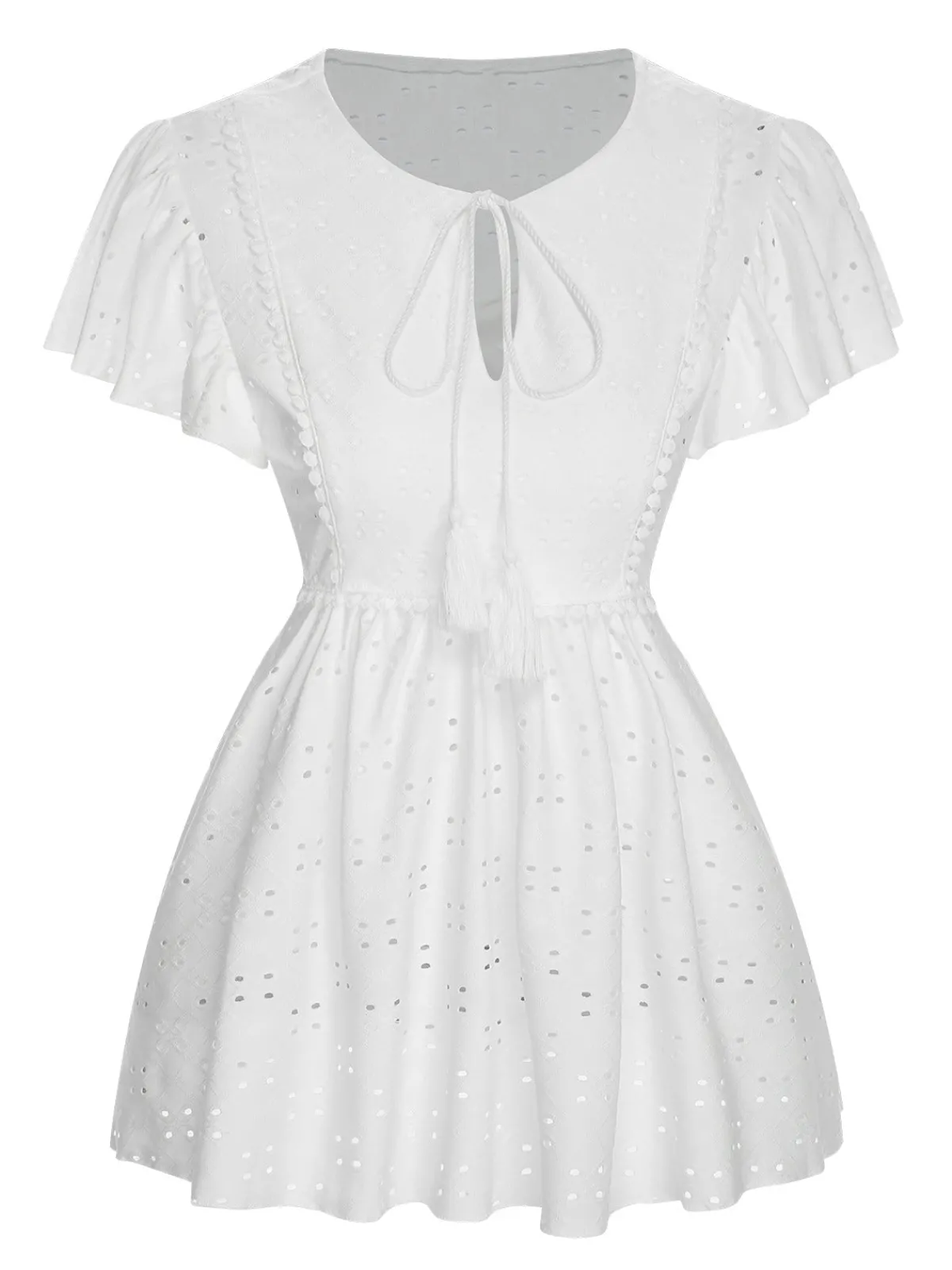 Sale Retro Stage 1940s Tie Front Eyelet Embroidered Blouse