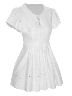Sale Retro Stage 1940s Tie Front Eyelet Embroidered Blouse