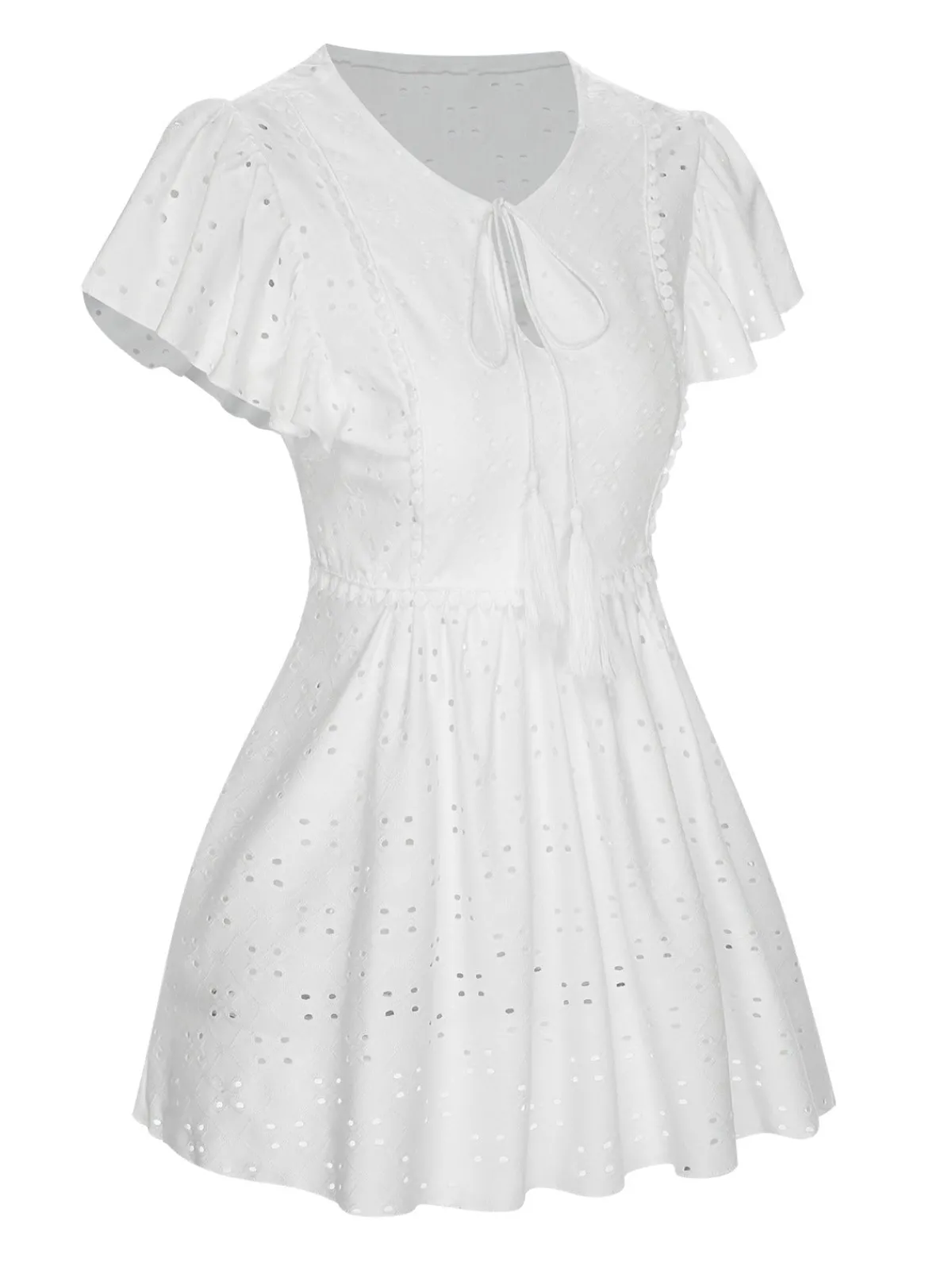 Sale Retro Stage 1940s Tie Front Eyelet Embroidered Blouse