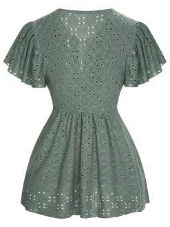 Sale Retro Stage 1940s Tie Front Eyelet Embroidered Blouse