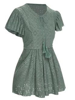 Sale Retro Stage 1940s Tie Front Eyelet Embroidered Blouse