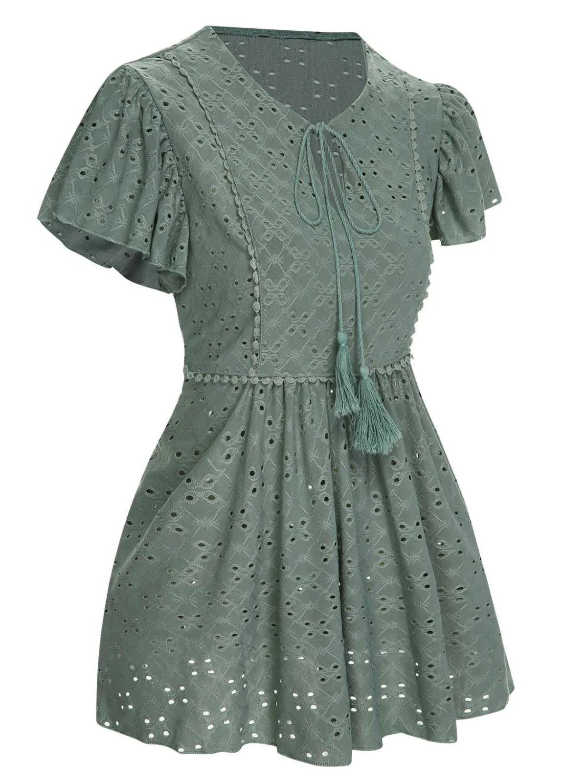 Sale Retro Stage 1940s Tie Front Eyelet Embroidered Blouse