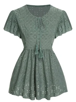 Hot Retro Stage 1940s Tie Front Eyelet Embroidered Blouse