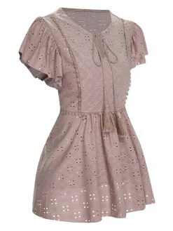Hot Retro Stage 1940s Tie Front Eyelet Embroidered Blouse