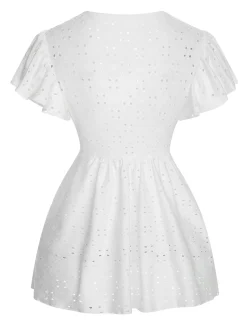 Hot Retro Stage 1940s Tie Front Eyelet Embroidered Blouse